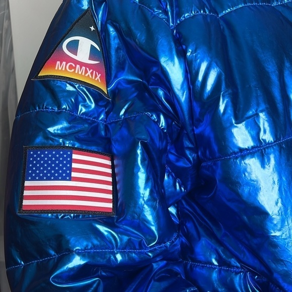 Champion Sz L NASA USA Metallic Blue Hooded Puffer Jacket Limited Edition - Picture 4 of 15